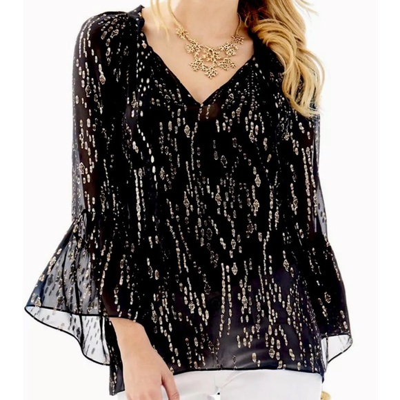 Lilly Pulitzer NWT Matilda Silk Clip Top Onyx Fish Clip Chiffon $168 Size XXS - Picture 1 of 13